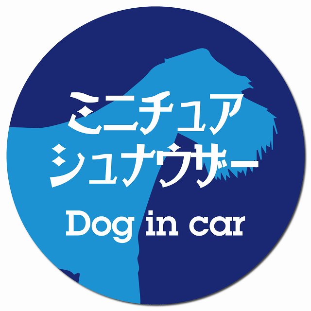 Dog in car ミニチュアシュナウザー レトロ書体 ブルー マグネット 車用 直径13cm 丸型 カーマグネット 表示プレート