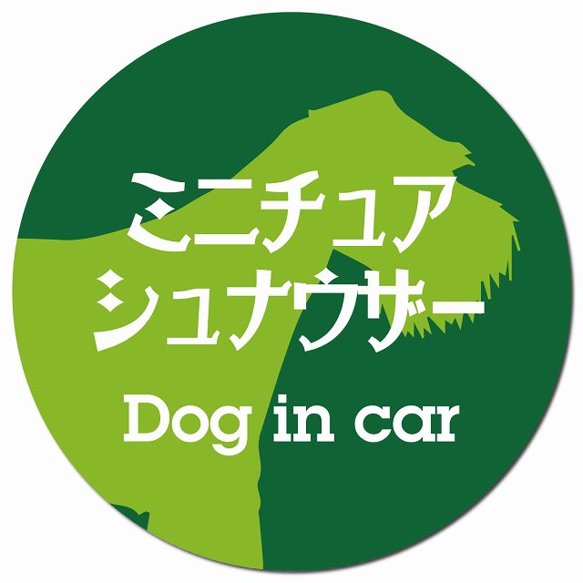 Dog in car ミニチュアシュナウザー レトロ書体 グリーン マグネット 車用 直径13cm 丸型 カーマグネット 表示プレート