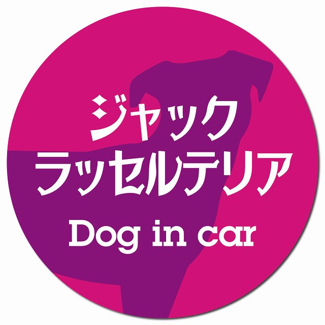 Dog in car ジャックラッセルテリア レトロ書体 ピンクパープル マグネット 車用 直径13cm 丸型 カーマグネット 表示プレート