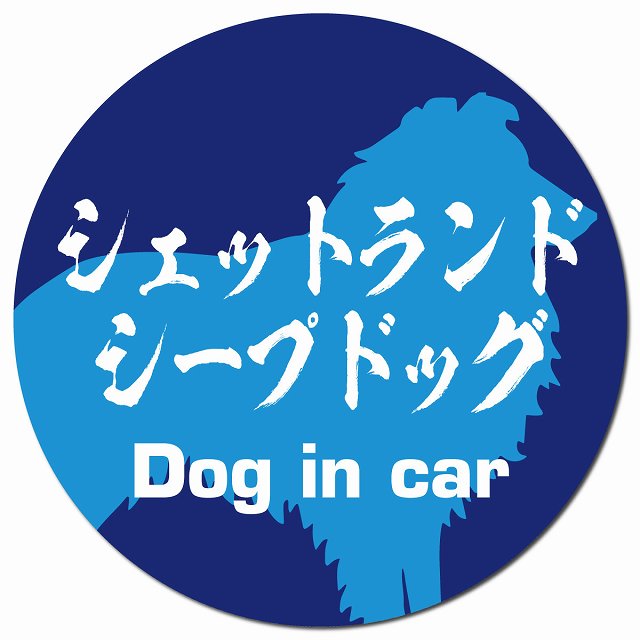 Dog in car シェットランドシープドッグ 毛筆書体 ブルー マグネット 車用 直径13cm 丸型 カーマグネット 表示プレート
