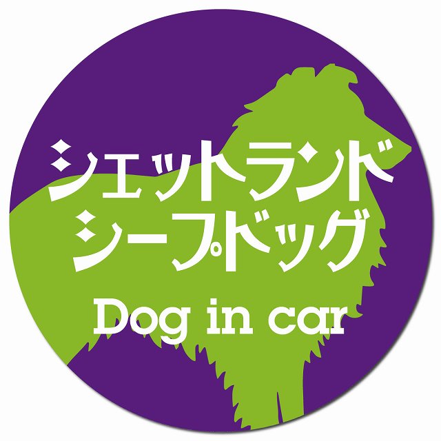 Dog in car シェットランドシープドッグ レトロ書体 パープルグリーン マグネット 車用 直径13cm 丸型 カーマグネット 表示プレート