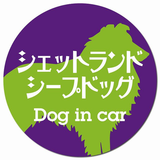 Dog in car シェットランドシープドッグ レトロ書体 パープルグリーン マグネット 車用 直径13cm 丸型 カーマグネット 表示プレート
