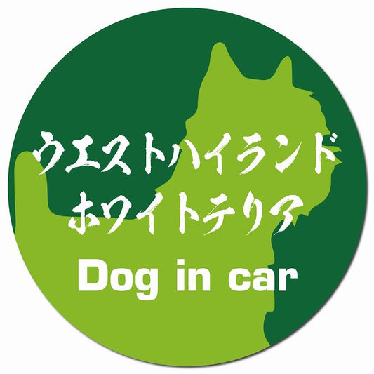 Dog in car ウエストハイランドホワイトテリア 毛筆書体 グリーン マグネット 車用 直径13cm 丸型 カーマグネット 表示プレート