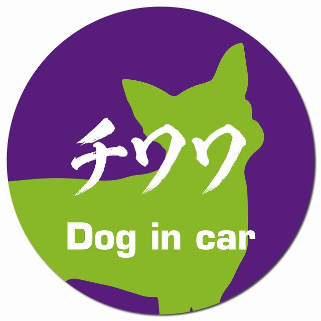 Dog in car チワワ 毛筆書体 パープルグリーン マグネット 車用 直径13cm 丸型 カーマグネット 表示プレート