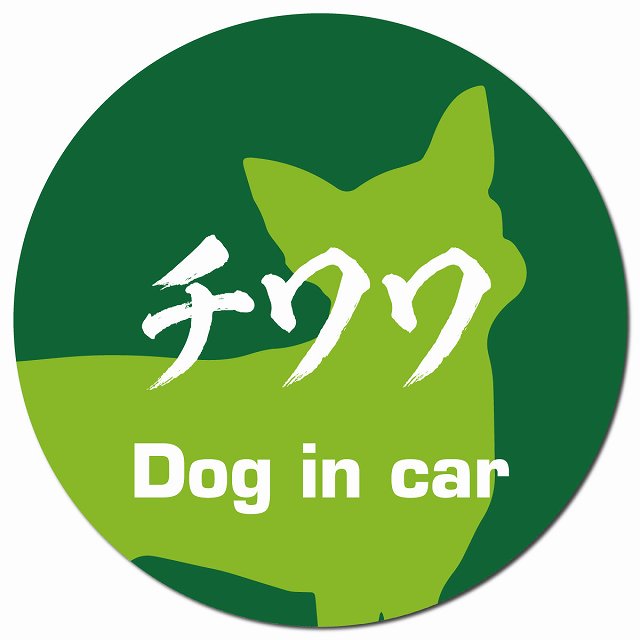 Dog in car チワワ 毛筆書体 グリーン マグネット 車用 直径13cm 丸型 カーマグネット 表示プレート