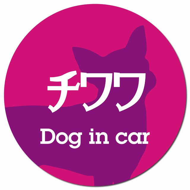 Dog in car チワワ レトロ書体 ピンクパープル マグネット 車用 直径13cm 丸型 カーマグネット 表示プレート