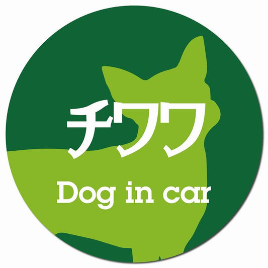 Dog in car チワワ レトロ書体 グリーン マグネット 車用 直径13cm 丸型 カーマグネット 表示プレート