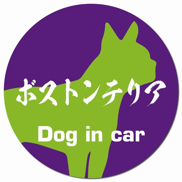 Dog in car ボストンテリア 毛筆書体 パープルグリーン マグネット 車用 直径13cm 丸型 カーマグネット 表示プレート