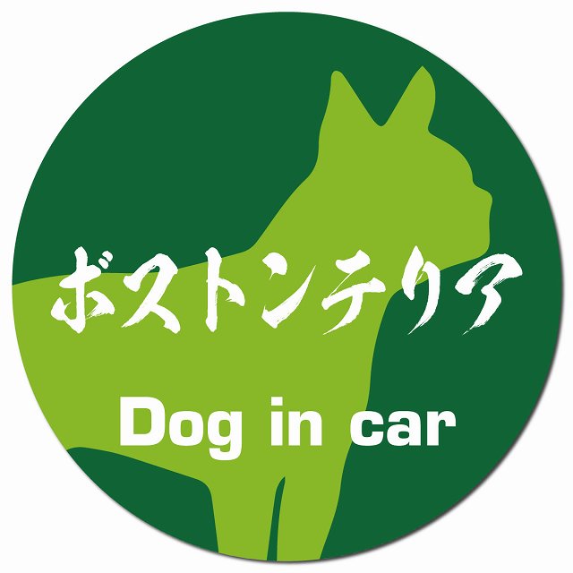 Dog in car ボストンテリア 毛筆書体 グリーン マグネット 車用 直径13cm 丸型 カーマグネット 表示プレート