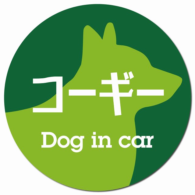 Dog in car コーギー レトロ書体 グリーン マグネット 車用 直径13cm 丸型 カーマグネット 表示プレート