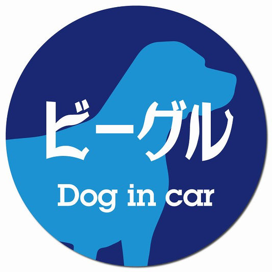 Dog in car ビーグル レトロ書体 ブルー マグネット 車用 直径13cm 丸型 カーマグネット 表示プレート