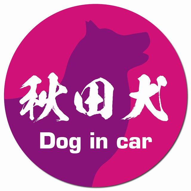 Dog in car 秋田犬 毛筆書体 ピンクパープル マグネット 車用 直径13cm 丸型 カーマグネット 表示プレート