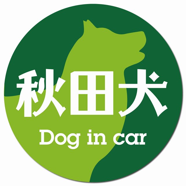 Dog in car 秋田犬 レトロ書体 グリーン マグネット 車用 直径13cm 丸型 カーマグネット 表示プレート