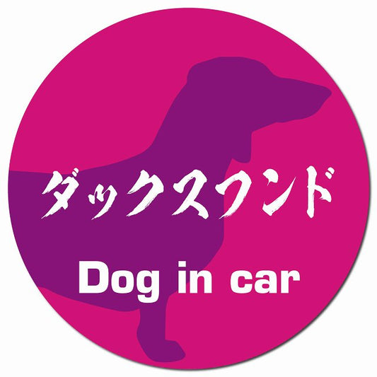 Dog in car ダックスフンド 毛筆書体 ピンクパープル マグネット 車用 直径13cm 丸型 カーマグネット 表示プレート
