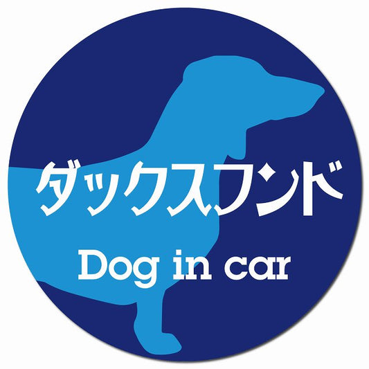 Dog in car ダックスフンド レトロ書体 ブルー マグネット 車用 直径13cm 丸型 カーマグネット 表示プレート