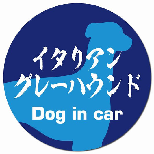 Dog in car イタリアングレーハウンド 毛筆書体 ブルー マグネット 車用 直径13cm 丸型 カーマグネット 表示プレート