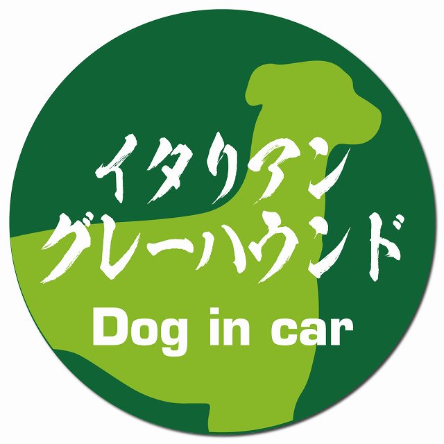 Dog in car イタリアングレーハウンド 毛筆書体 グリーン マグネット 車用 直径13cm 丸型 カーマグネット 表示プレート