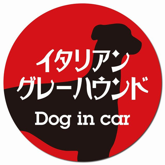 Dog in car イタリアングレーハウンド レトロ書体 レッドブラック マグネット 車用 直径13cm 丸型 カーマグネット 表示プレート