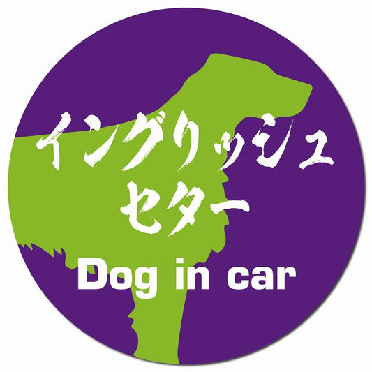 Dog in car イングリッシュセター 毛筆書体 パープルグリーン マグネット 車用 直径13cm 丸型 カーマグネット 表示プレート