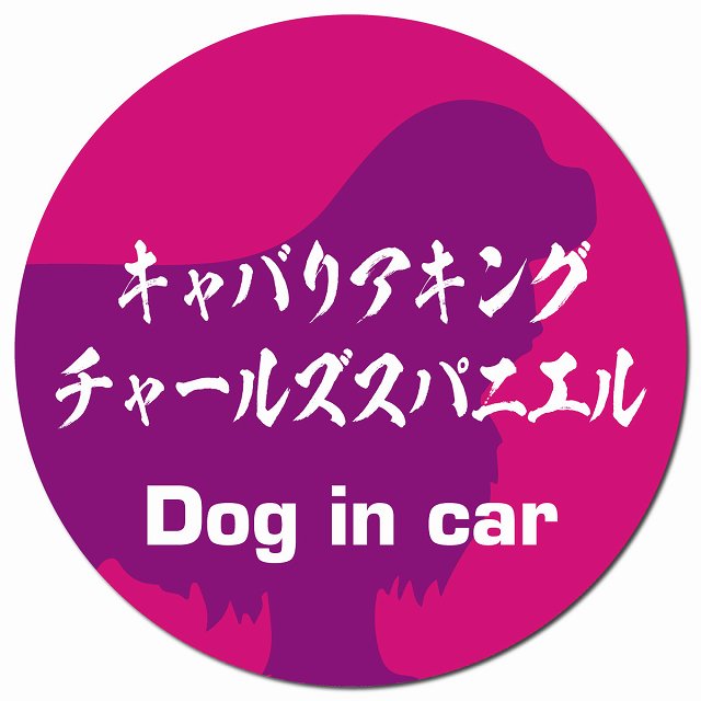 Dog in car キャバリアキングチャールズスパニエル 毛筆書体 ピンクパープル マグネット 車用 直径13cm 丸型 カーマグネット 表示プレート
