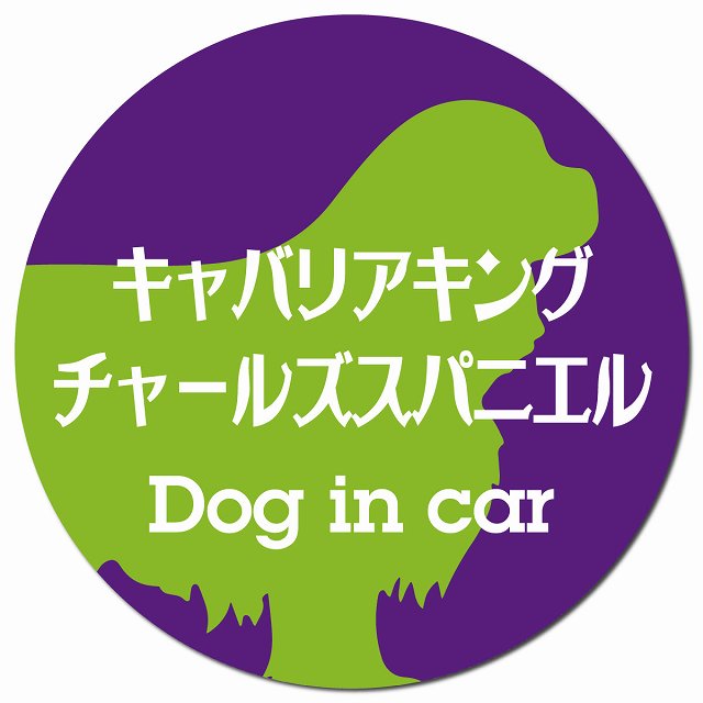 Dog in car キャバリアキングチャールズスパニエル レトロ書体 パープルグリーン マグネット 車用 直径13cm 丸型 カーマグネット 表示プレート