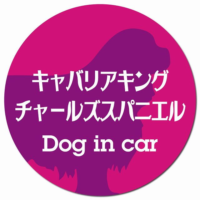 Dog in car キャバリアキングチャールズスパニエル レトロ書体 ピンクパープル マグネット 車用 直径13cm 丸型 カーマグネット 表示プレート