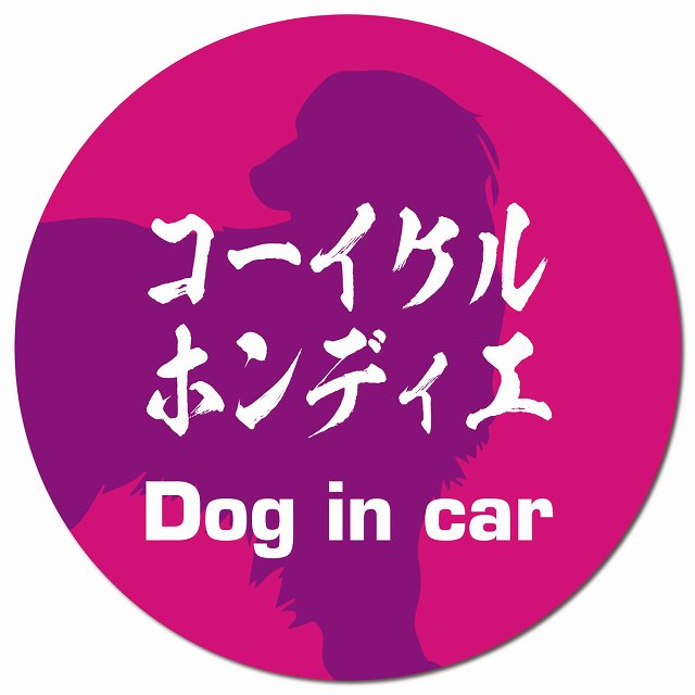 Dog in car コーイケルホーンディエ 毛筆書体 ピンクパープル マグネット 車用 直径13cm 丸型 カーマグネット 表示プレート