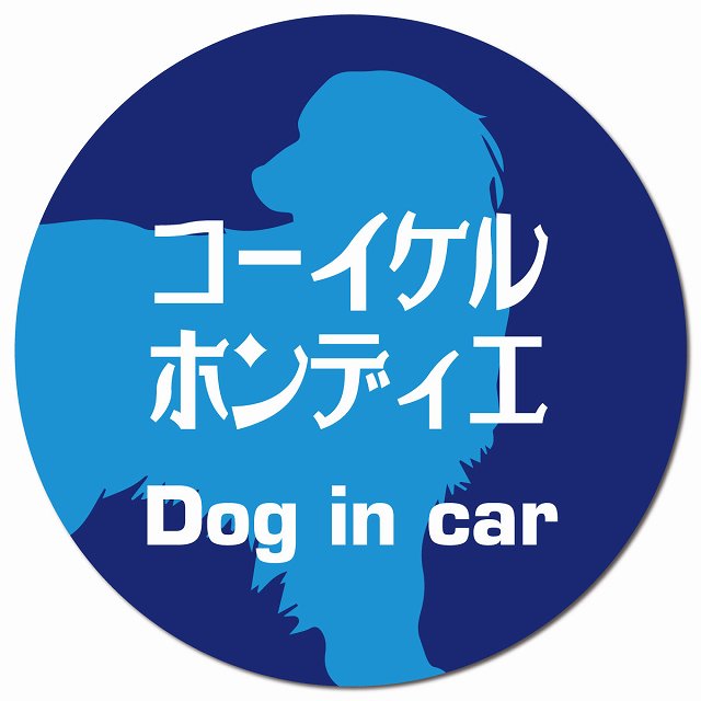 Dog in car コーイケルホーンディエ レトロ書体 ブルー マグネット 車用 直径13cm 丸型 カーマグネット 表示プレート