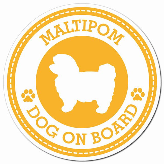 MALTIPOM ポメマル イエロー 肉球 Dog on board マグネット 車用 直径13cm 丸型 カーマグネット