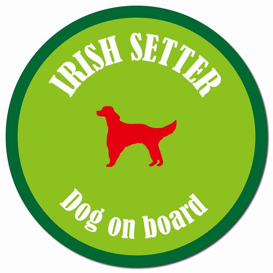カラフル Dog on board アイリッシュセター ライトグリーン&グリーン マグネット 車用 直径13cm 丸型 カーマグネット
