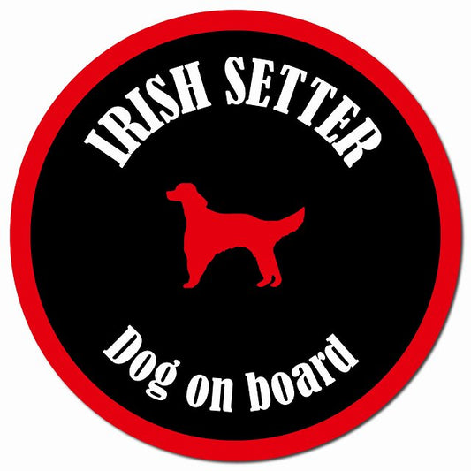 カラフル Dog on board アイリッシュセター ブラック&レッド マグネット 車用 直径13cm 丸型 カーマグネット