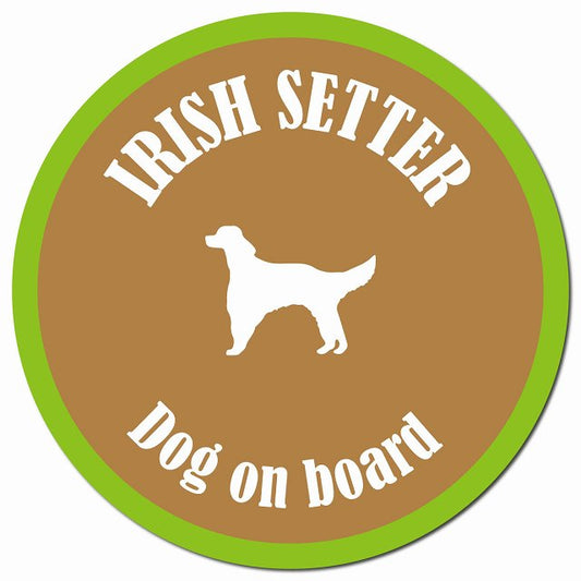 カラフル Dog on board アイリッシュセター ブラウン&グリーン マグネット 車用 直径13cm 丸型 カーマグネット