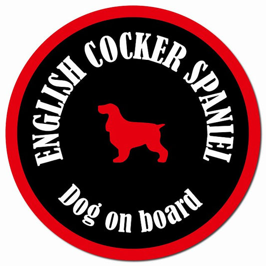 カラフル Dog on board イングリッシュコッカースパニエル ブラック&レッド マグネット 車用 直径13cm 丸型 カーマグネット