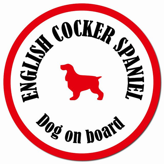 カラフル Dog on board イングリッシュコッカースパニエル ホワイト&レッド マグネット 車用 直径13cm 丸型 カーマグネット
