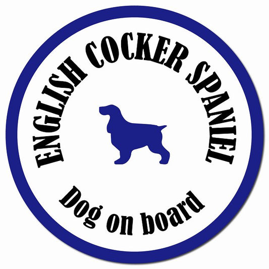 カラフル Dog on board イングリッシュコッカースパニエル ホワイト&ネイビー マグネット 車用 直径13cm 丸型 カーマグネット