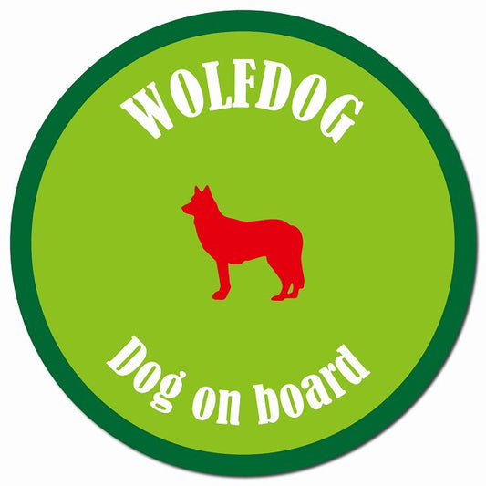 カラフル Dog on board ウルフドッグ ライトグリーン&グリーン マグネット 車用 直径13cm 丸型 カーマグネット