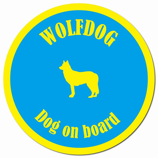 カラフル Dog on board ウルフドッグ ブルー&イエロー マグネット 車用 直径13cm 丸型 カーマグネット