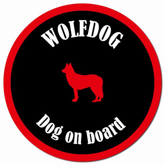 カラフル Dog on board ウルフドッグ ブラック&レッド マグネット 車用 直径13cm 丸型 カーマグネット