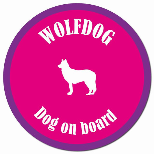 カラフル Dog on board ウルフドッグ ピンク&パープル マグネット 車用 直径13cm 丸型 カーマグネット