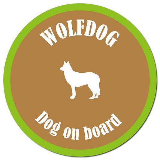 カラフル Dog on board ウルフドッグ ブラウン&グリーン マグネット 車用 直径13cm 丸型 カーマグネット