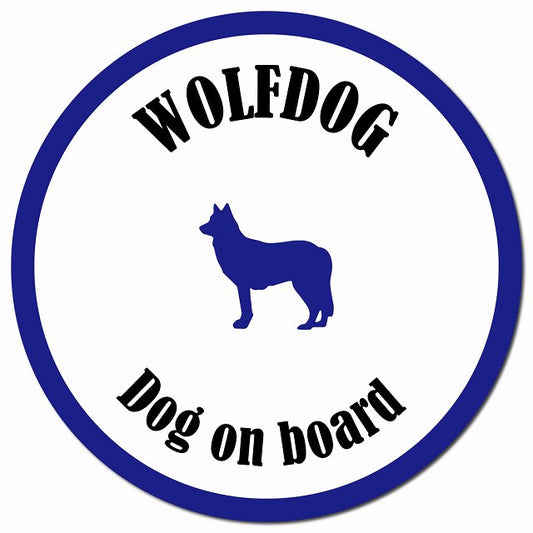 カラフル Dog on board ウルフドッグ ホワイト&ネイビー マグネット 車用 直径13cm 丸型 カーマグネット