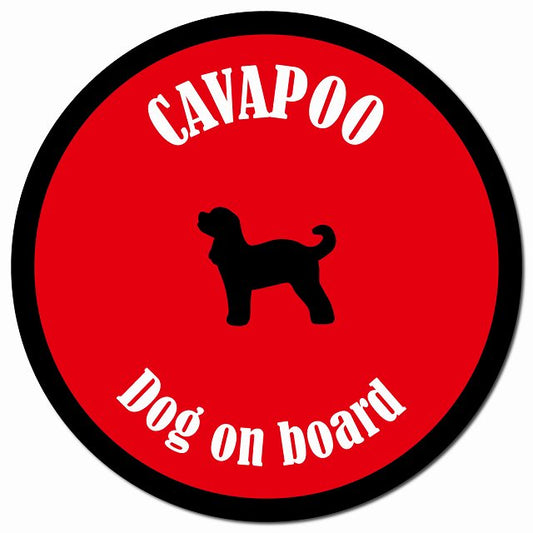 カラフル Dog on board キャバプー レッド＆ブラック マグネット 車用 直径13cm 丸型 カーマグネット
