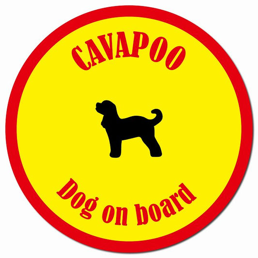 カラフル Dog on board キャバプー イエロー&レッド マグネット 車用 直径13cm 丸型 カーマグネット