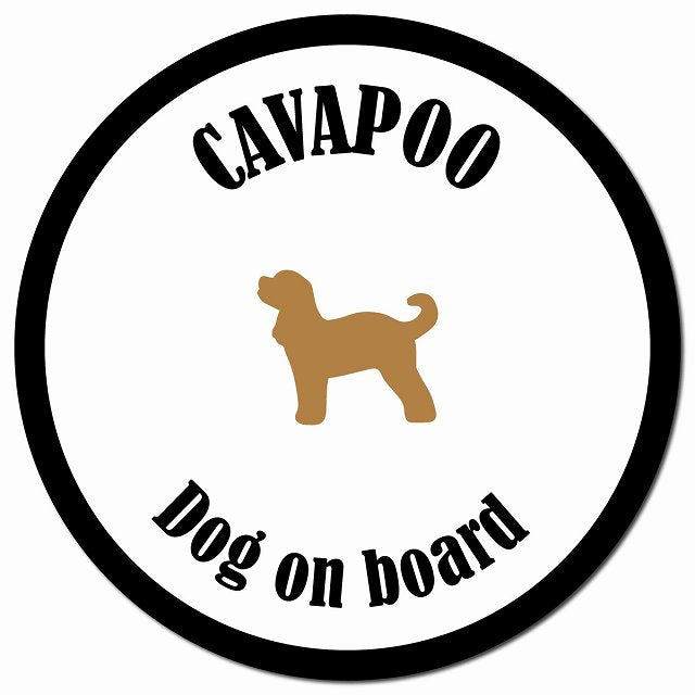 カラフル Dog on board キャバプー ホワイト&ブラック マグネット 車用 直径13cm 丸型 カーマグネット