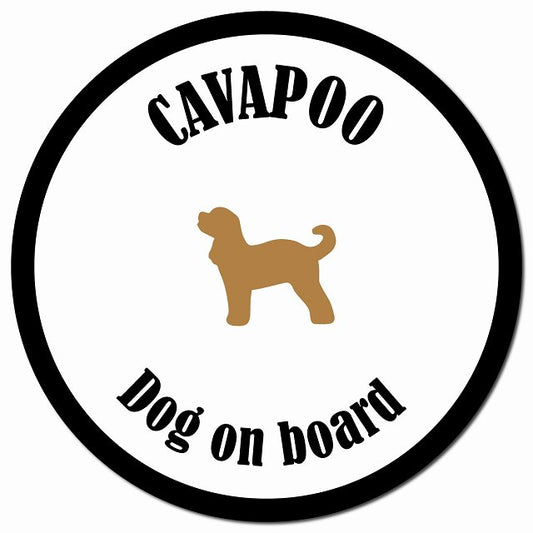 カラフル Dog on board キャバプー ホワイト&ブラック マグネット 車用 直径13cm 丸型 カーマグネット