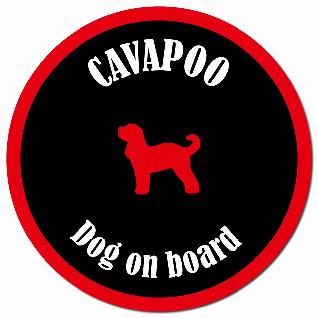 カラフル Dog on board キャバプー ブラック&レッド マグネット 車用 直径13cm 丸型 カーマグネット
