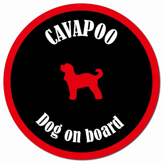 カラフル Dog on board キャバプー ブラック&レッド マグネット 車用 直径13cm 丸型 カーマグネット