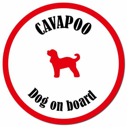 カラフル Dog on board キャバプー ホワイト&レッド マグネット 車用 直径13cm 丸型 カーマグネット