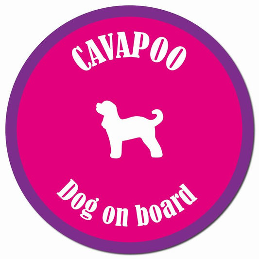 カラフル Dog on board キャバプー ピンク&パープル マグネット 車用 直径13cm 丸型 カーマグネット