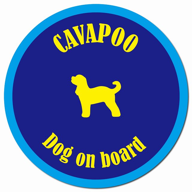 カラフル Dog on board キャバプー ネイビー&ブルー マグネット 車用 直径13cm 丸型 カーマグネット